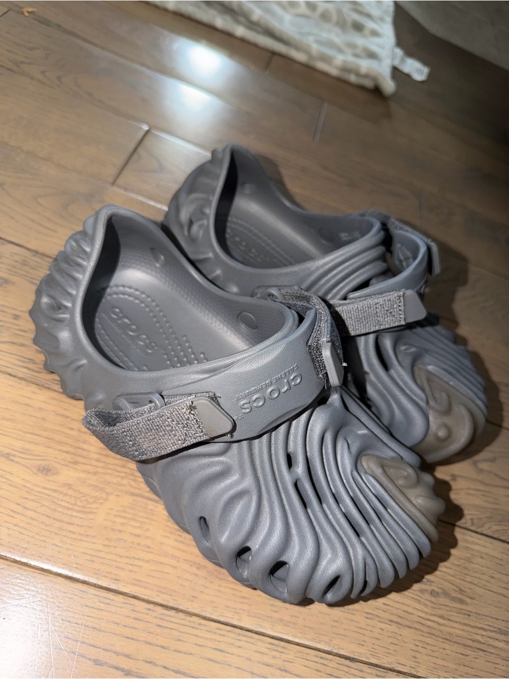 Womens Gray Ventilated Foam Crocs with Adjustable Strap